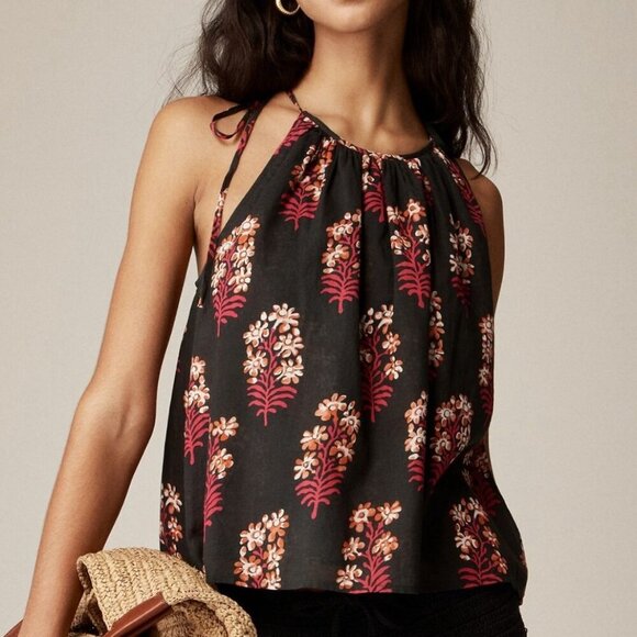 J. Crew Tops - J.Crew Tie-Shoulder Tank Top in Cocoa Block-Print Cotton Voile – Black Floral